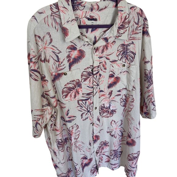 King Size Mens Hawaiian Button Up Shirt Beige & Pink Tropical Print 3X Plus Size - Picture 1 of 9